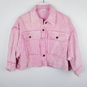 POL Oversized Pink Cropped Corduroy Raw Edge Shacket